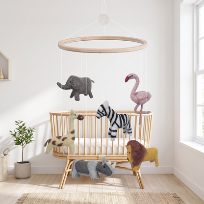 Safari jungle baby cot mobile with wool felt animals on a wooden frame