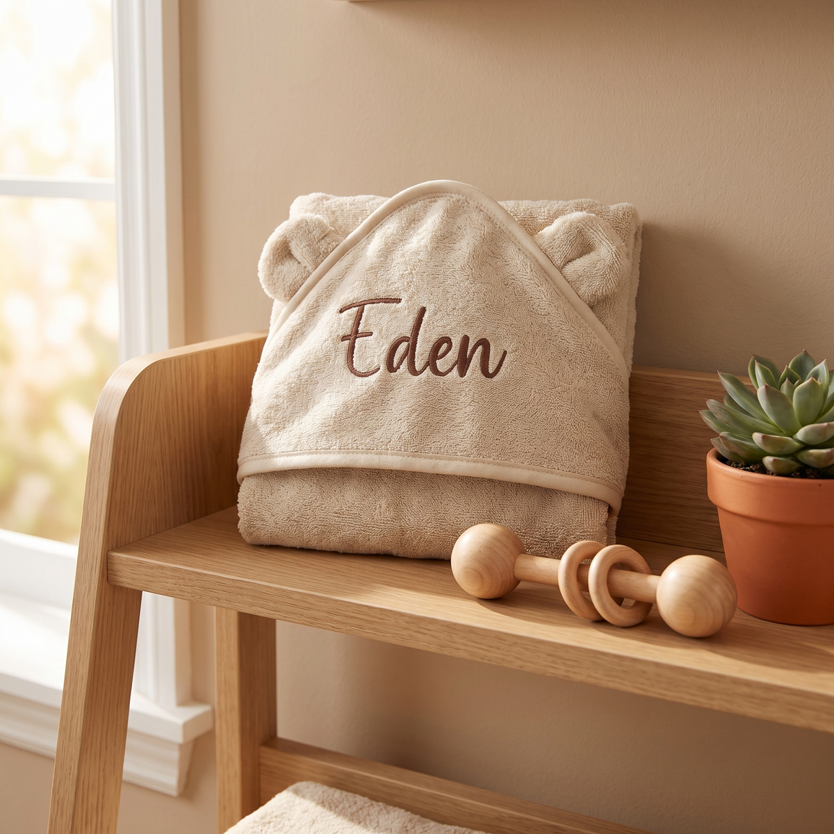 Personalised natural beige hooded baby towel after bath time