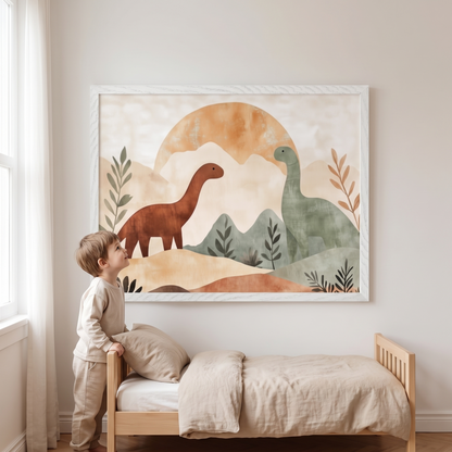 Framed dinosaur landscape print hanging in a boho neutral nursery