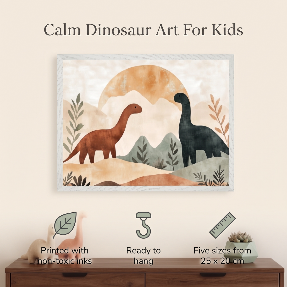 Dinosaur wall art styled above a toddler bed with earthy decor