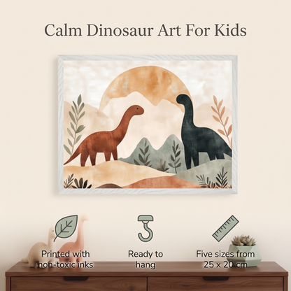 Dinosaur wall art styled above a toddler bed with earthy decor