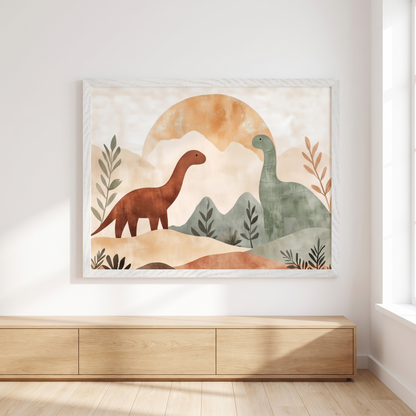 Earth-tone dinosaur wall art with mountains and sunset for a kids room