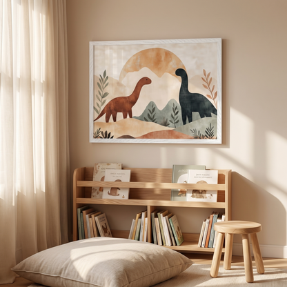Close-up of dinosaur sunset art in a natural oak frame