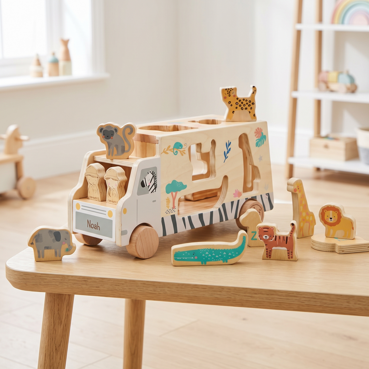 Personalised wooden safari shape sorter with zebra stripes and painted animal blocks