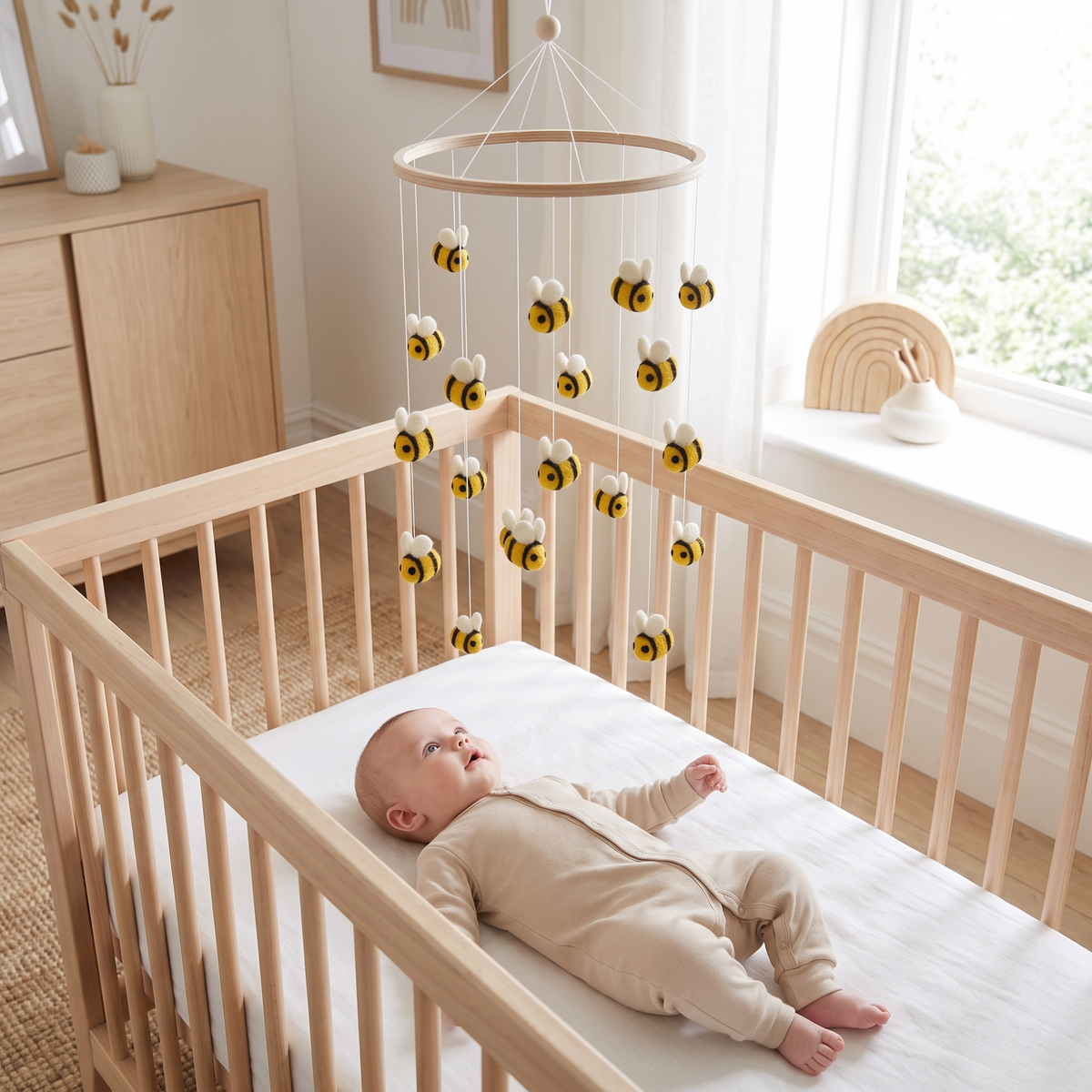 Wool bumblebee mobile hanging in a soft neutral nursery