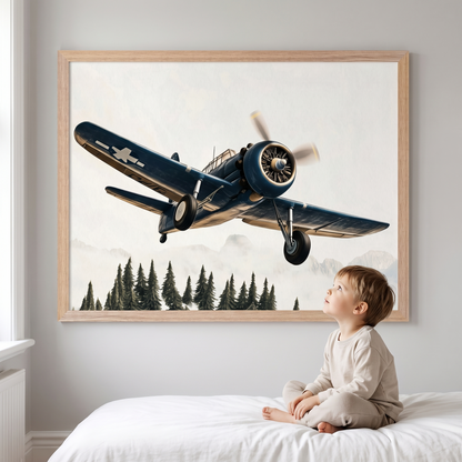 Framed vintage aircraft print hanging in a navy and white boys bedroom
