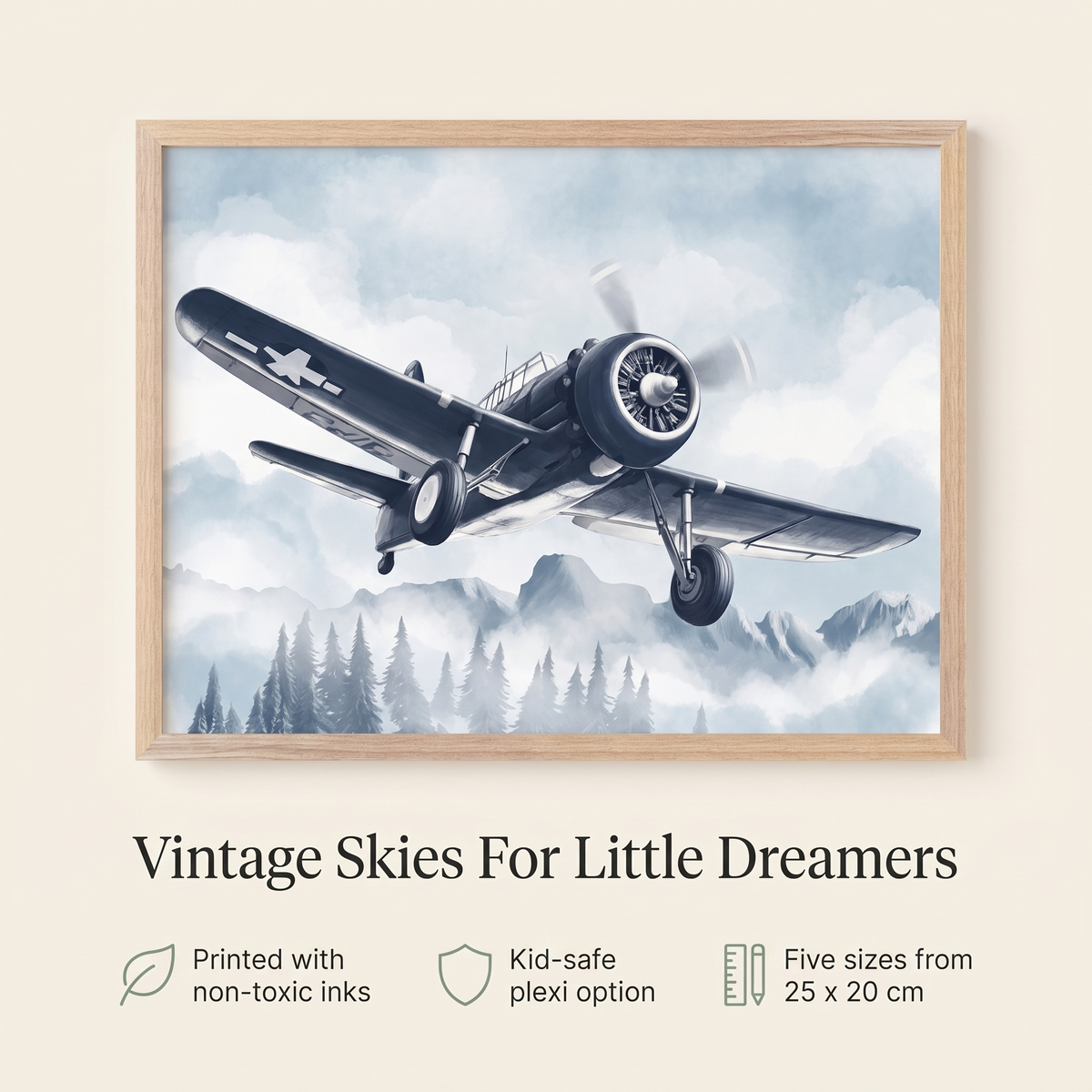 Airplane wall art styled above a nursery cot with navy accents
