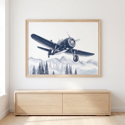 Vintage navy airplane wall art soaring over mountain pines for a kids room