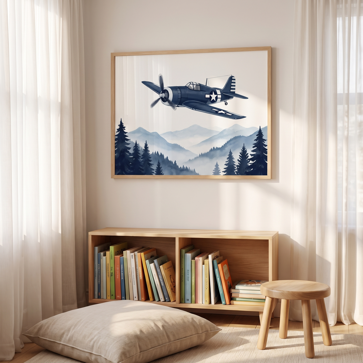 Close-up of airplane and pine mountain art in a natural oak frame