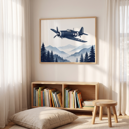 Close-up of airplane and pine mountain art in a natural oak frame