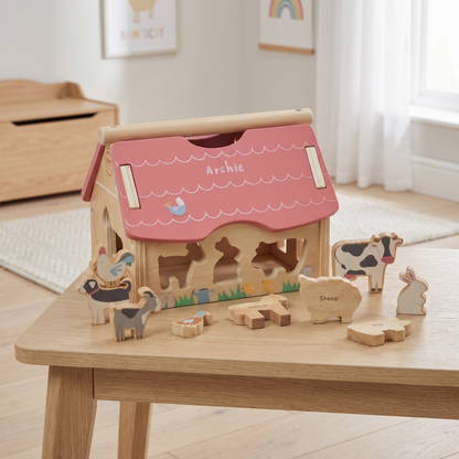 Personalised wooden farmhouse shape sorter with name on roof and farm animal shapes