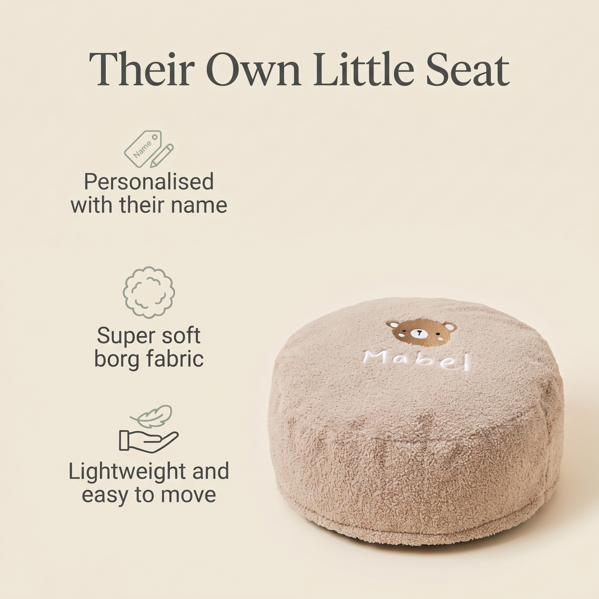 Personalised bear bean bag in a soft neutral children's bedroom