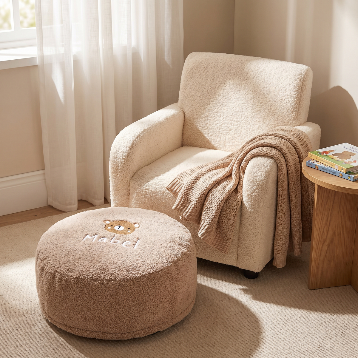 Caramel bear bean bag foot stool styled in a kids reading nook