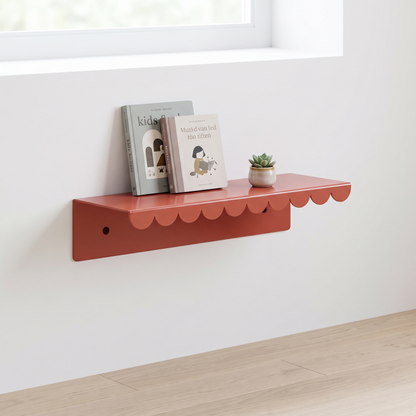 Burnt red lacquered steel small wall shelf mounted in a kids bedroom