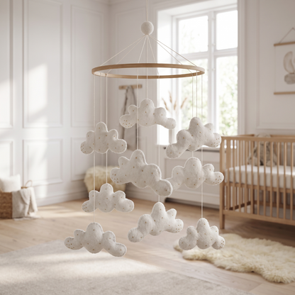 Off-white wool felt cloud baby cot mobile on a wooden frame