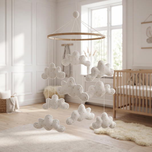 Off-white wool felt cloud baby cot mobile on a wooden frame