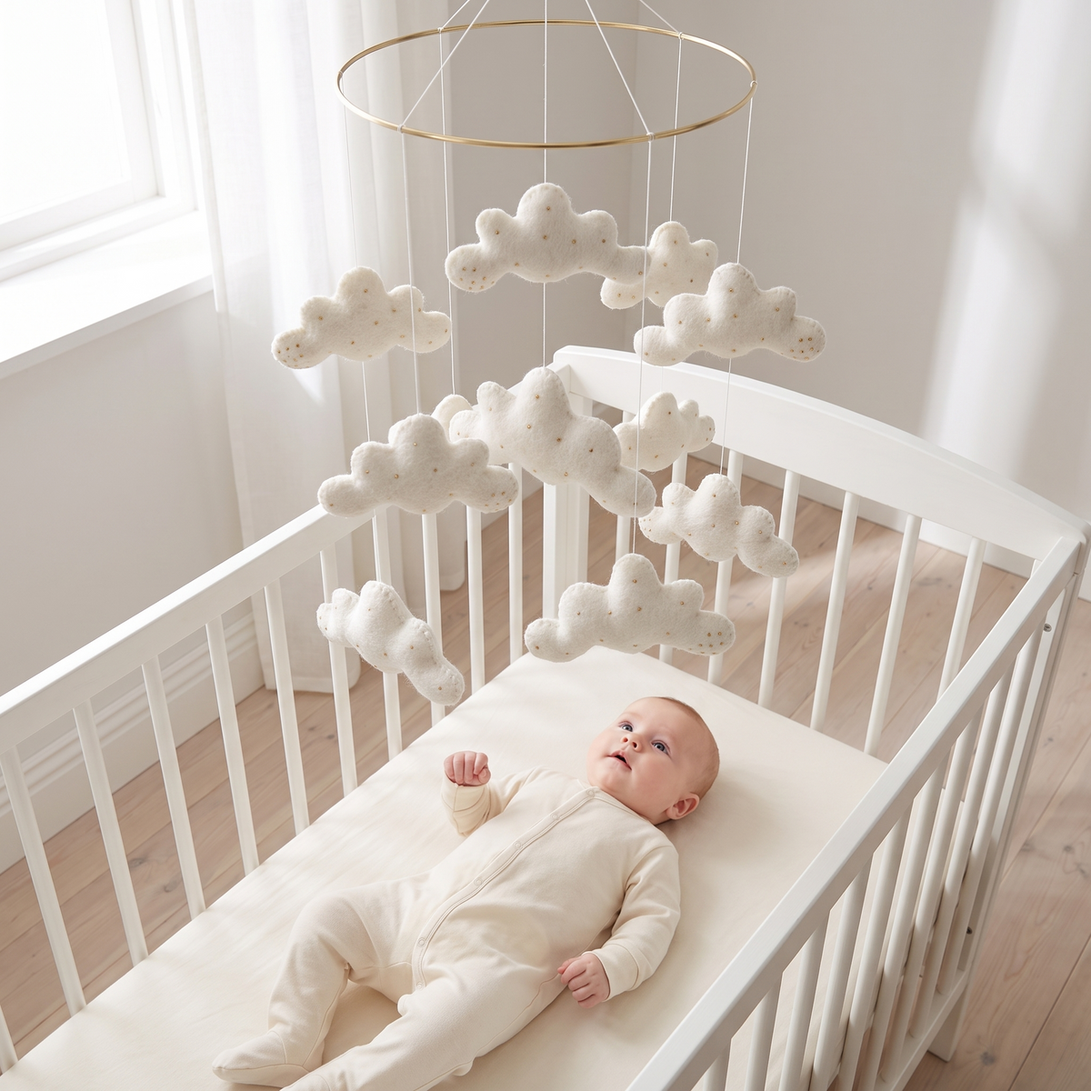 Cloud cot mobile hanging in a calm neutral nursery