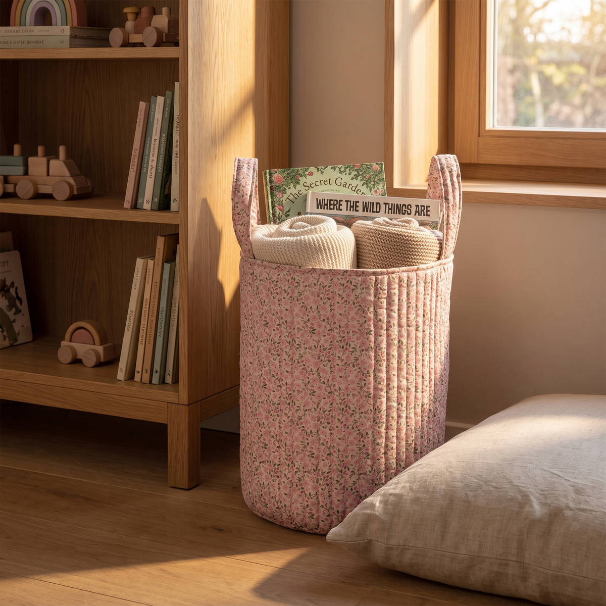Close-up of the pink fairy floral print on the large storage basket