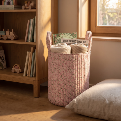 Close-up of the pink fairy floral print on the large storage basket