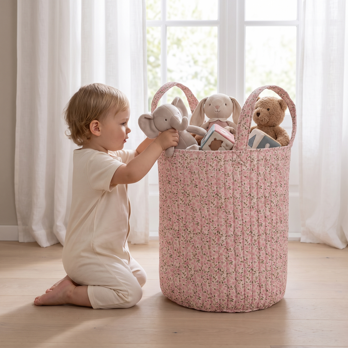 Reversible pink fairy floral storage basket styled in a girls bedroom