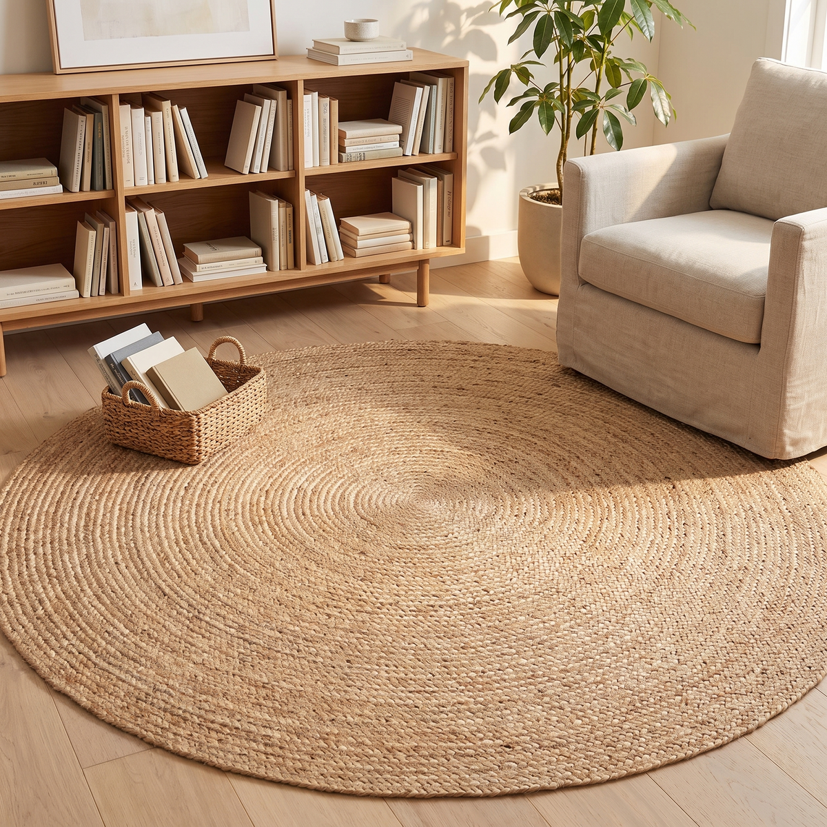 Close-up of hand-braided jute flatweave texture on round rug