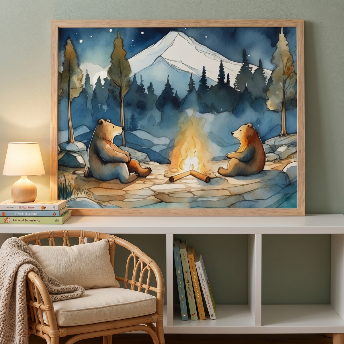 Close-up of bears around a campfire art print in a natural oak frame