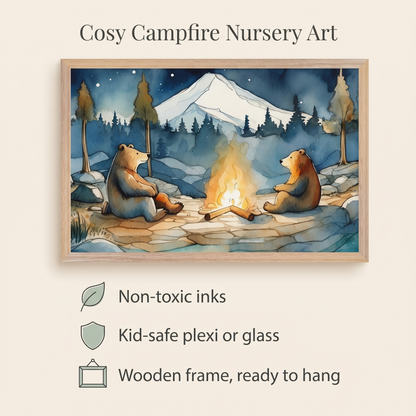Bear campfire wall art styled above a nursery cot with blue and brown decor