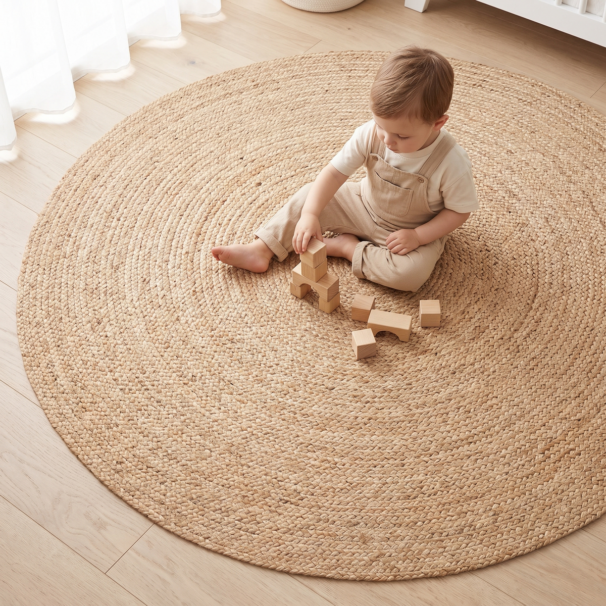 Natural round jute rug styled in a nursery beneath a cot