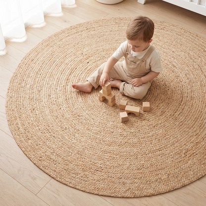 Natural round jute rug styled in a nursery beneath a cot