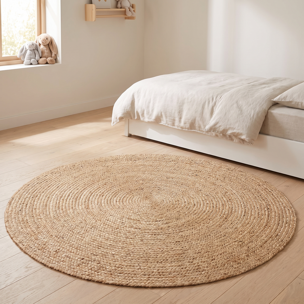Little Teekie round hand-braided natural jute rug in a kids playroom