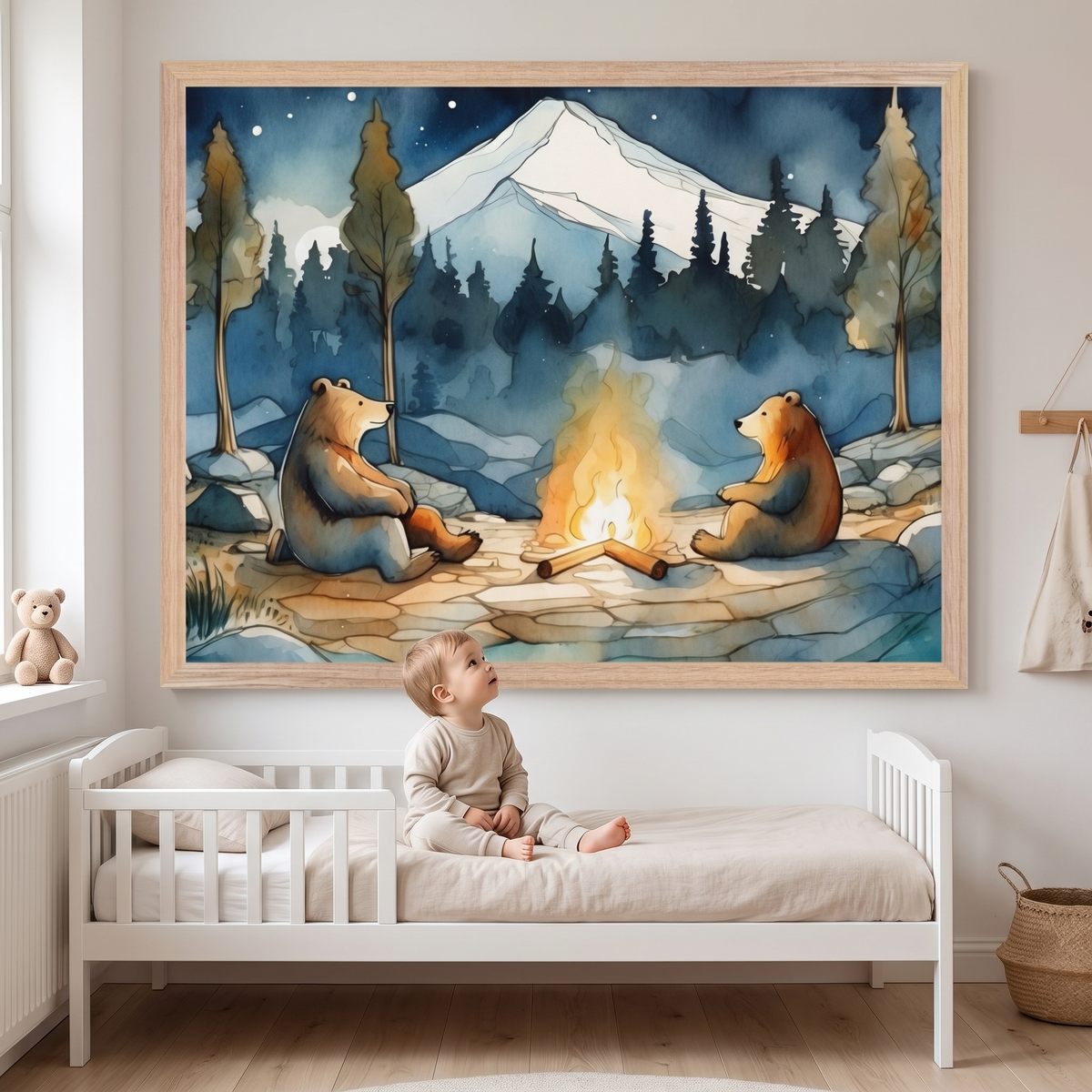 Framed bear bonfire print hanging in a cosy woodland kids bedroom