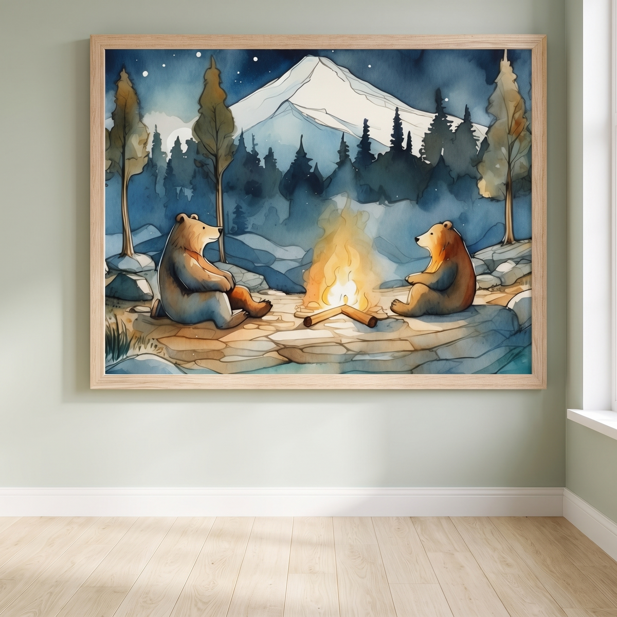 Bear campfire watercolour wall art with a starry mountain night sky