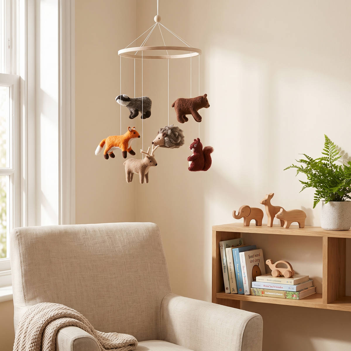 Close-up of felted woodland animals on the baby cot mobile