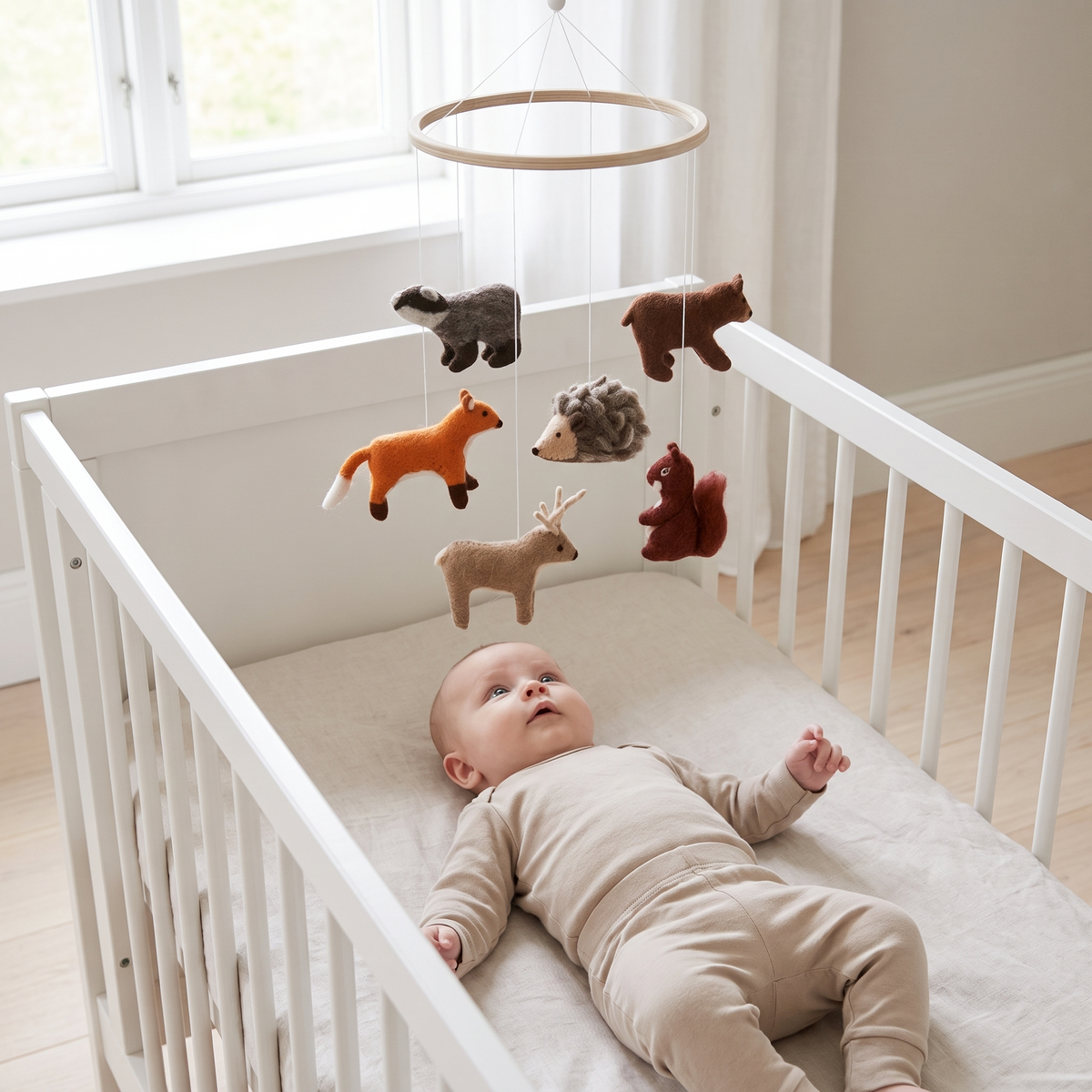 Wool woodland mobile hanging in a forest-themed nursery