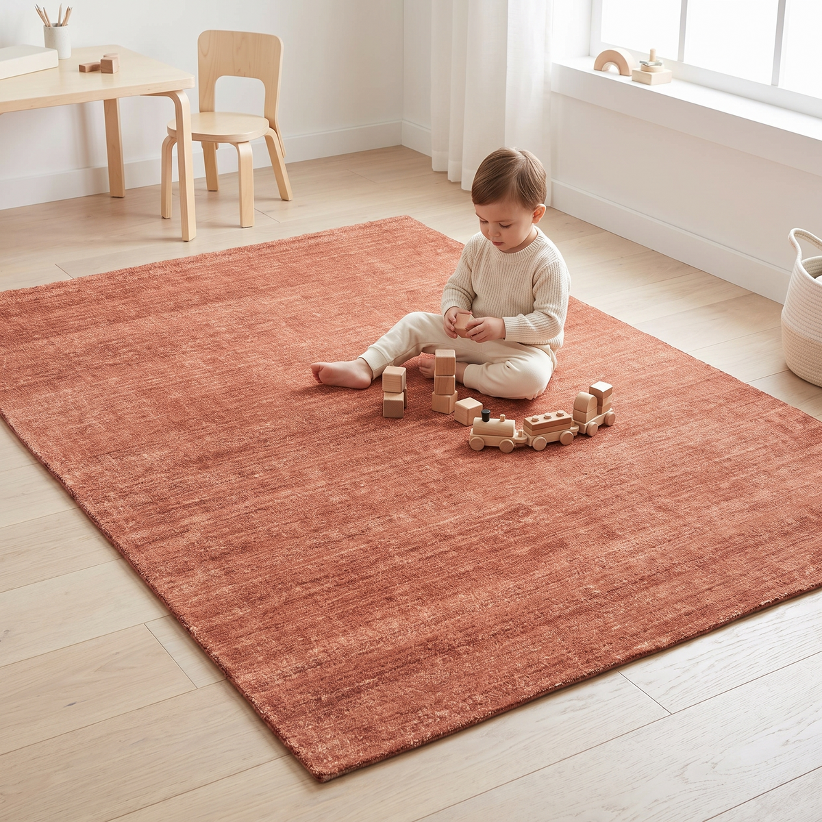 Terracotta distressed washable rug styled in a nursery under a cot