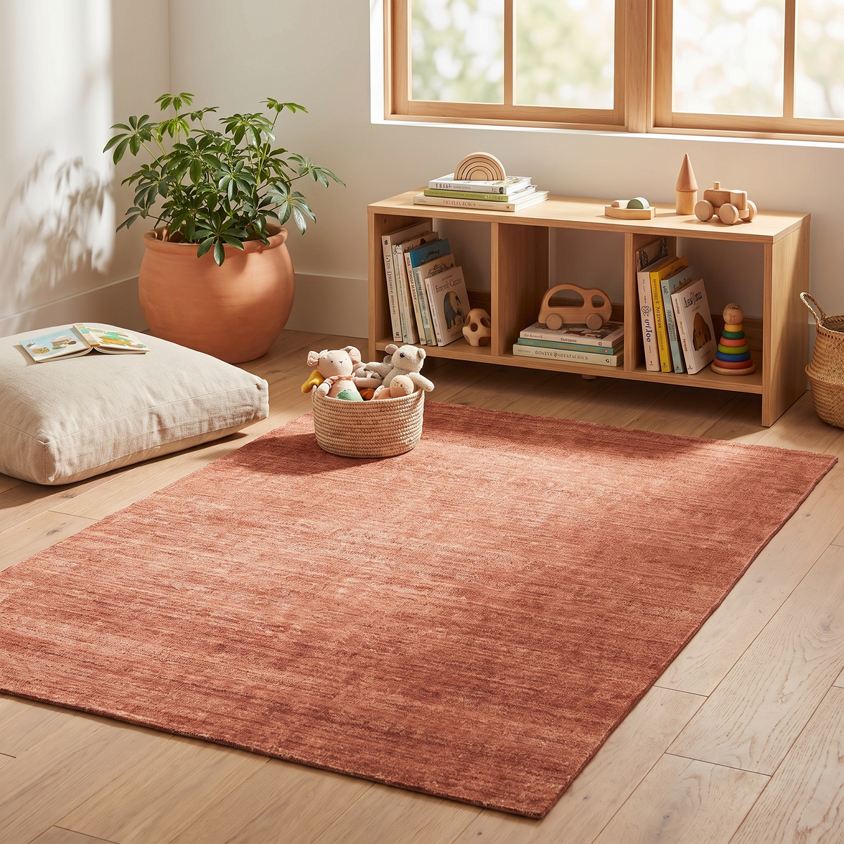 Close-up of minimal distressed weave on terracotta kids rug