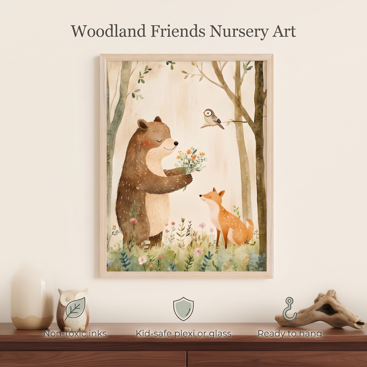 Woodland bear wall art styled above a cot with soft floral decor