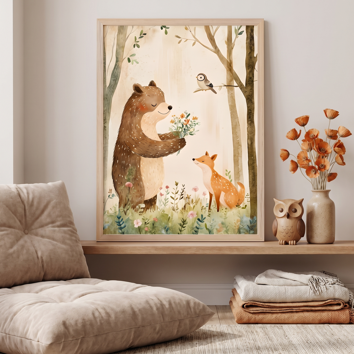 Close-up of woodland animals and floral art in a natural oak frame