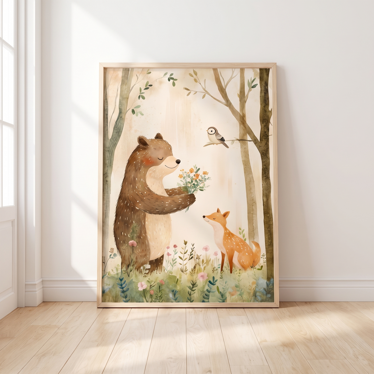 Woodland friends bear wall art with forest animals and wildflowers