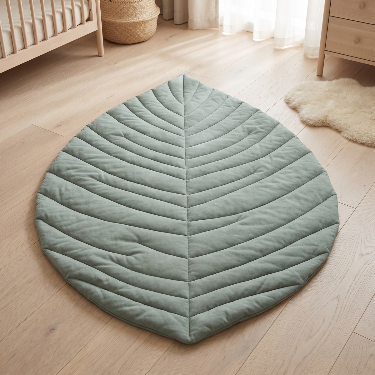 Jade green leaf-shaped quilted cotton baby play mat on a nursery floor