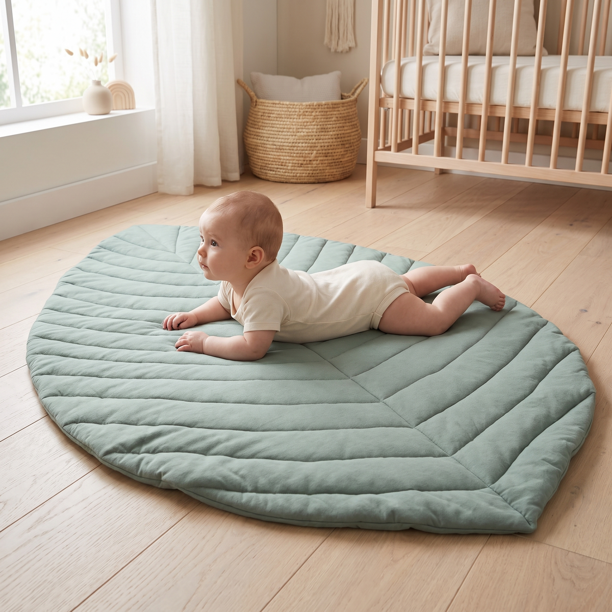 Close-up of the quilted jade cotton jersey and leaf stitching on the play mat