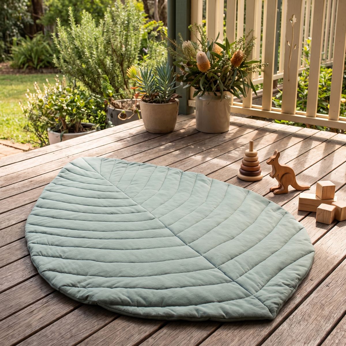 Jade leaf play mat set up for tummy time in a bright living room