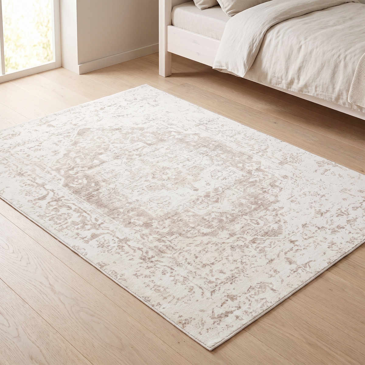 Little Teekie cream and beige distressed washable kids rug in a nursery