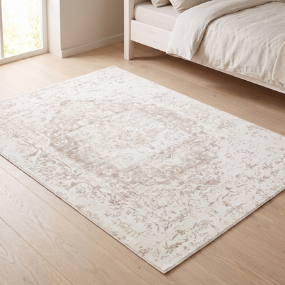 Little Teekie cream and beige distressed washable kids rug in a nursery