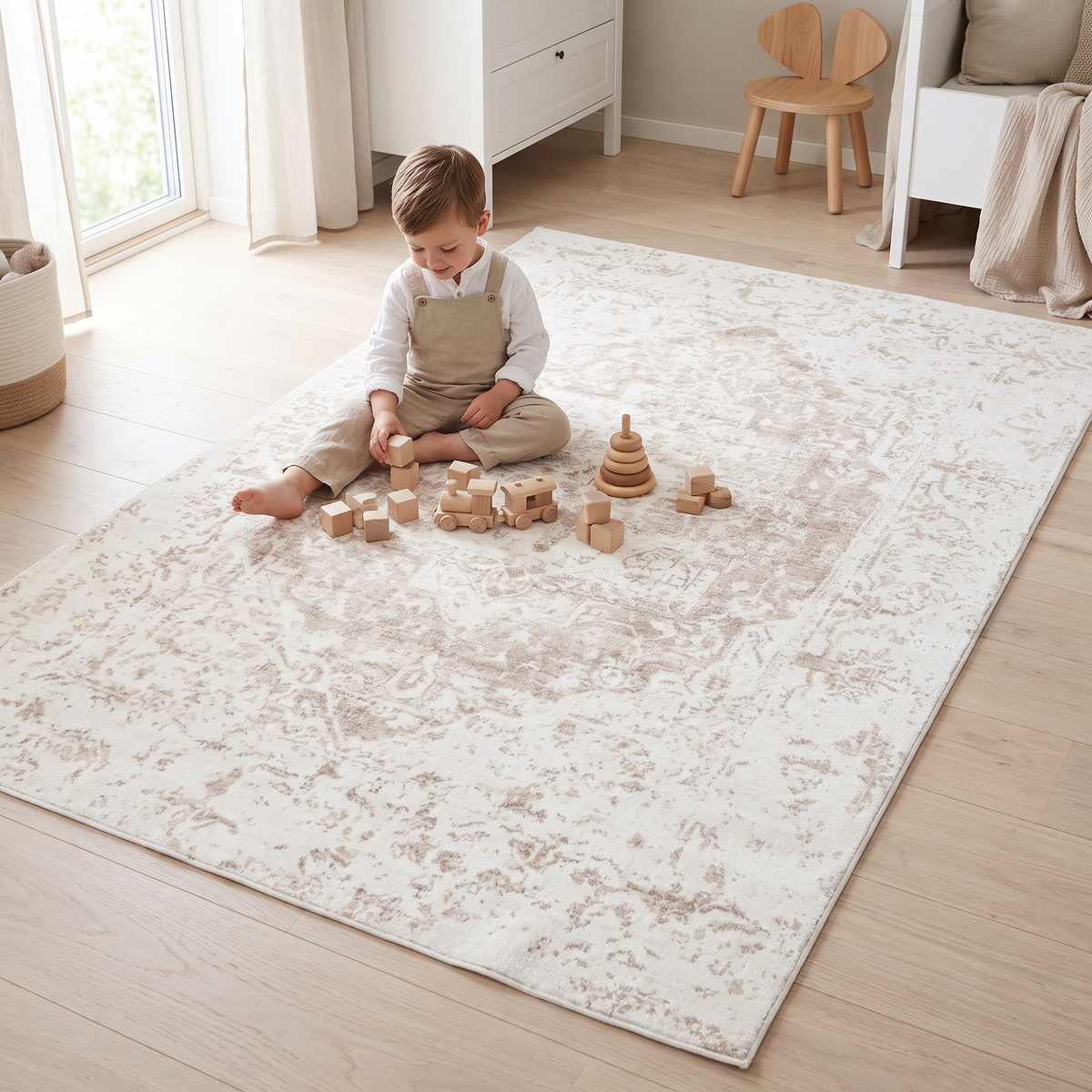 Cream ornate pattern washable rug styled in a kids playroom