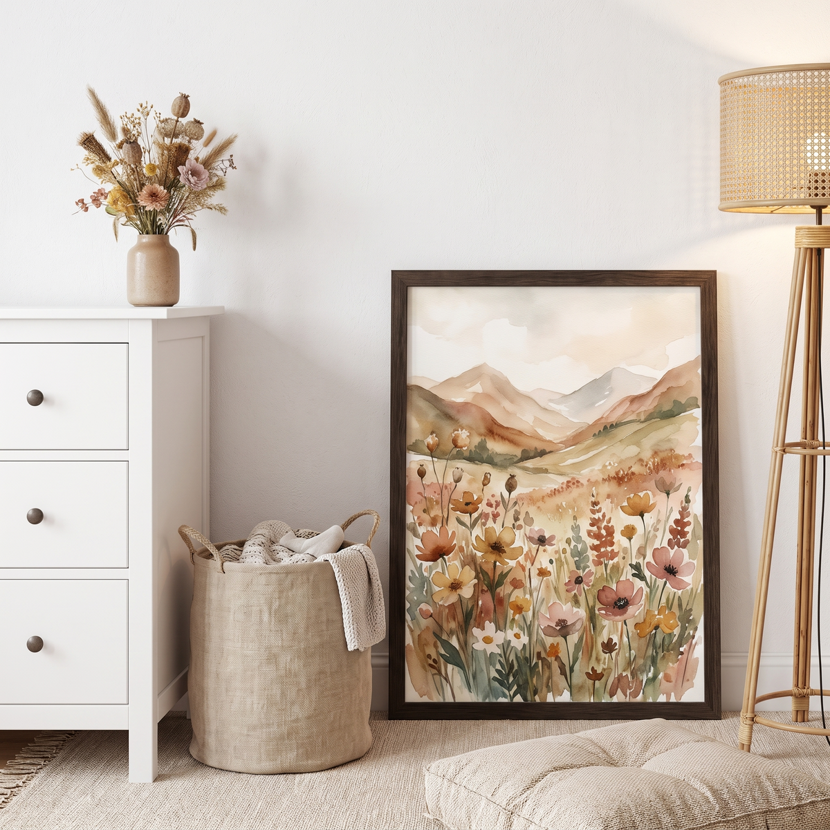 Close-up of painterly meadow landscape art in a natural frame