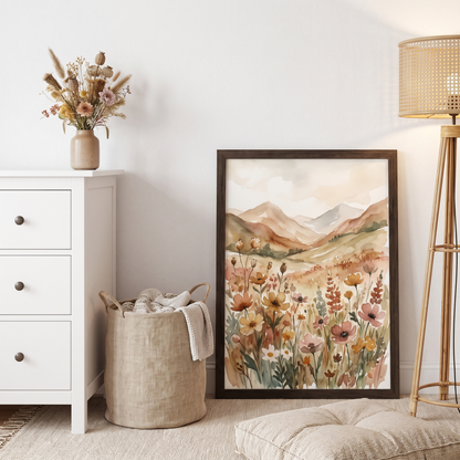 Close-up of painterly meadow landscape art in a natural frame