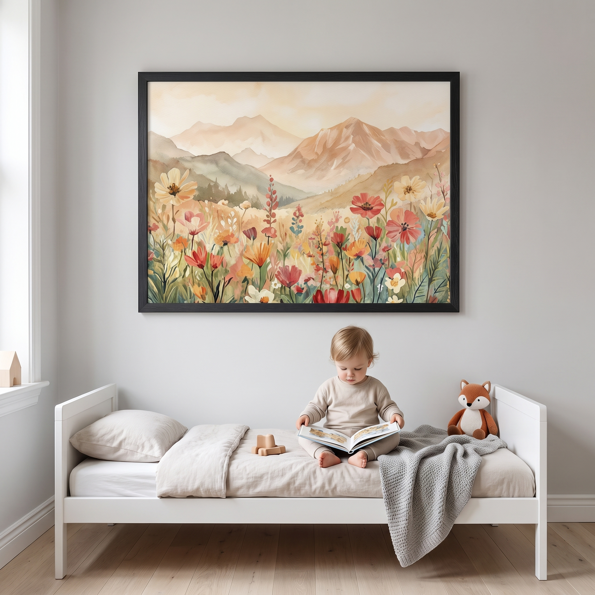 Framed wildflower mountain print hanging in a boho neutral kids bedroom