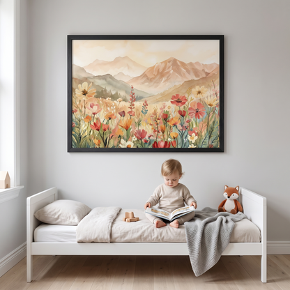Framed wildflower mountain print hanging in a boho neutral kids bedroom