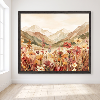 Mountain meadow wildflower wall art in warm earth tones for a nursery